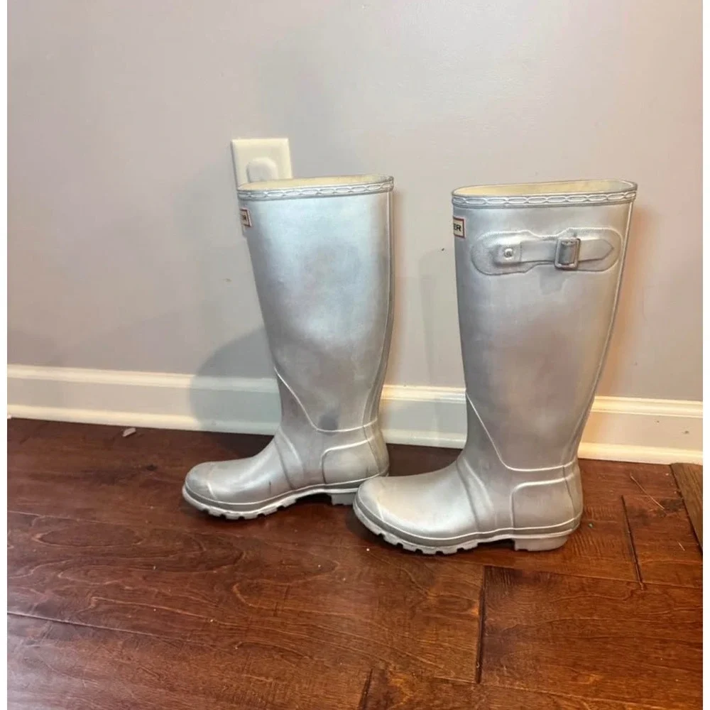 Hunter Original Tall Metallic Silver Rain Boots Womens 7 W23499 Waterproof